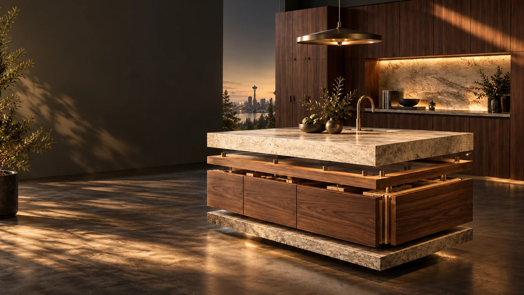 Kitchen with walnut cabinetry and natural stone