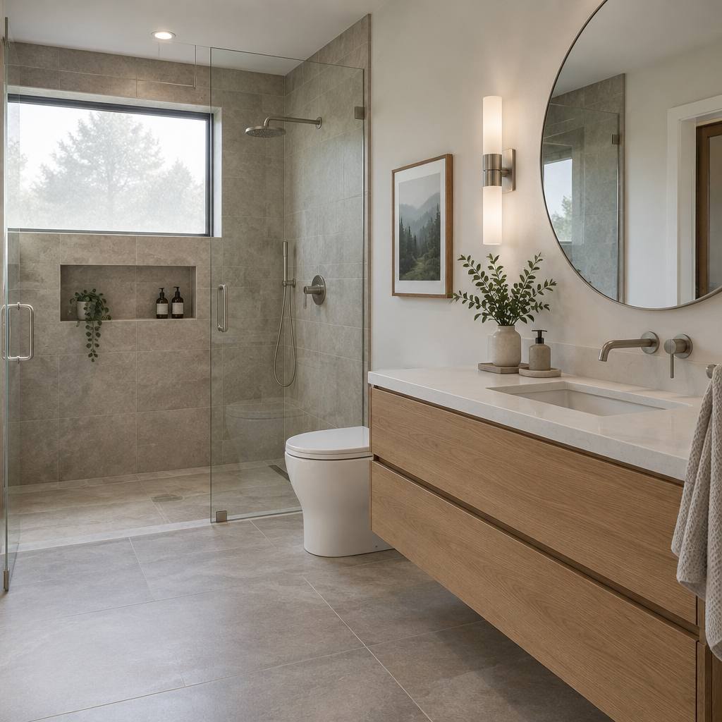 Bathroom with a walk-in glass shower and floating oak vanity